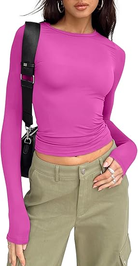 Womens Long Sleeve Shirts Basic Tees Crop Tops Going Out Spring 2025 Workout Outfits