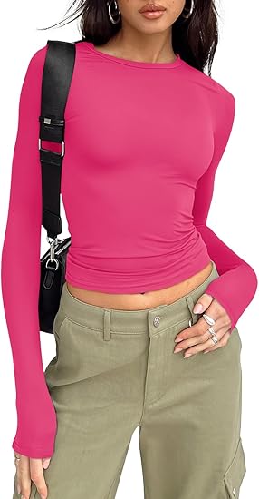 Womens Long Sleeve Shirts Basic Tees Crop Tops Going Out Spring 2025 Workout Outfits