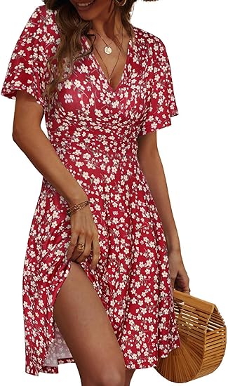 Womens Sundress Summer Floral Short Sleeve Wrap V Neck A-Line Midi Dress