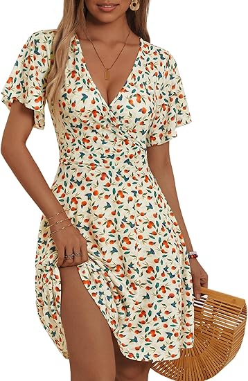 Womens Sundress Summer Floral Short Sleeve Wrap V Neck A-Line Midi Dress