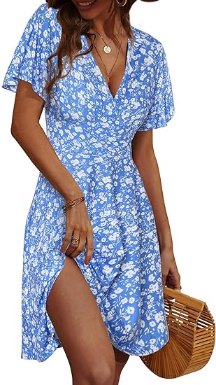 Womens Sundress Summer Floral Short Sleeve Wrap V Neck A-Line Midi Dress