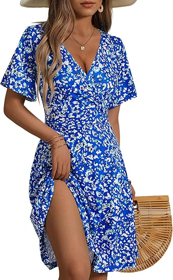 Womens Sundress Summer Floral Short Sleeve Wrap V Neck A-Line Midi Dress