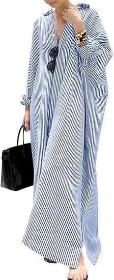 Women's Casual Long Sleeve Button Down Loose Striped Cotton Maxi Shirt Dress