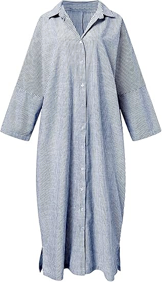 Women's Casual Long Sleeve Button Down Loose Striped Cotton Maxi Shirt Dress