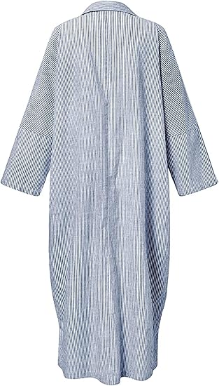 Women's Casual Long Sleeve Button Down Loose Striped Cotton Maxi Shirt Dress