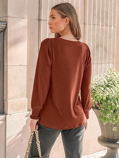 Long Sleeve Shirts Womens Pleated Business Casual Blouses with Smocked Cuffs