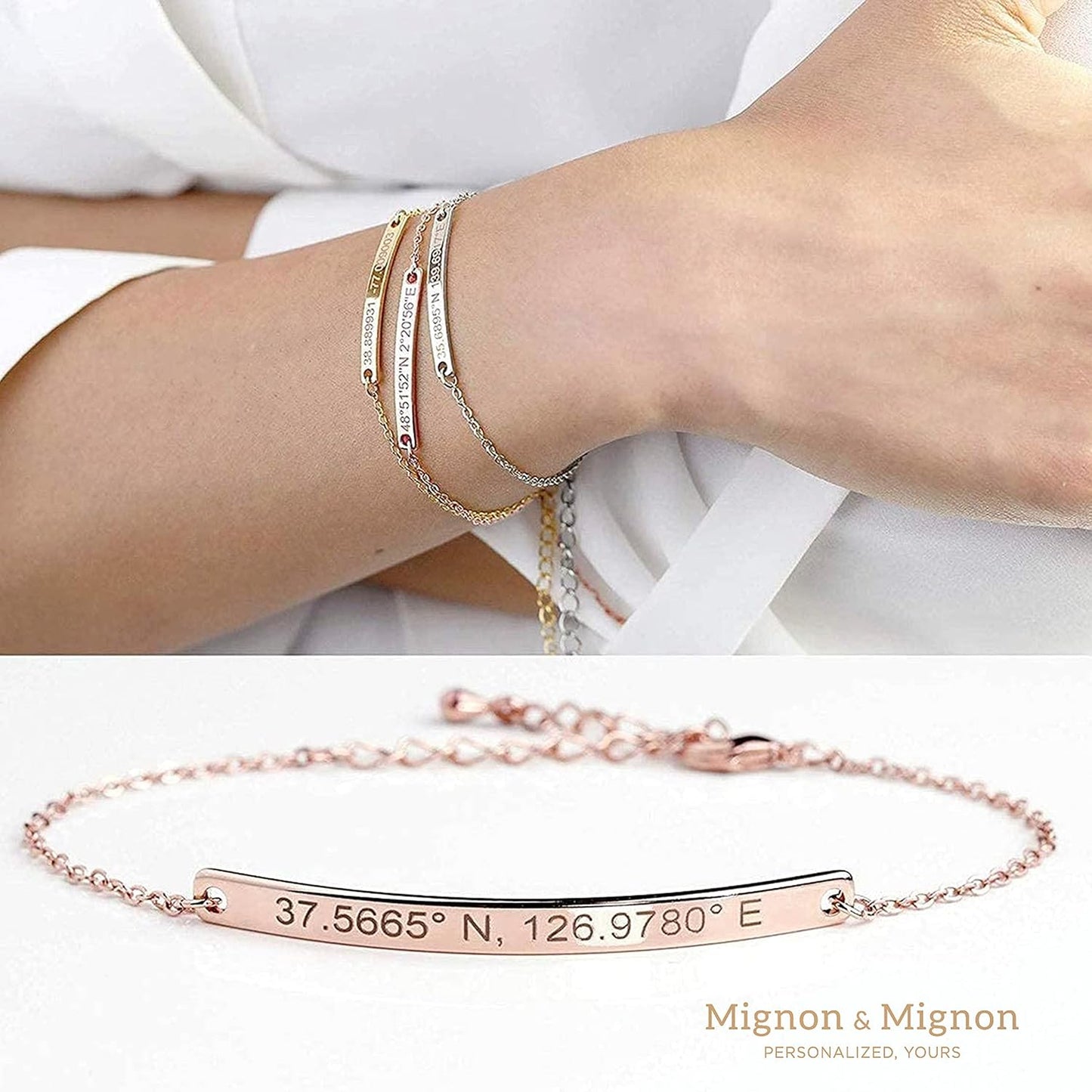 Custom Name Bracelet Coordinate Engraved Bracelet for Women Mother's Day Gifts Id Bracelet Women Gold Bar Jewelry for Teen Girls -12BR