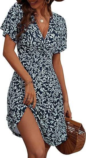 Womens Sundress Summer Floral Short Sleeve Wrap V Neck A-Line Midi Dress