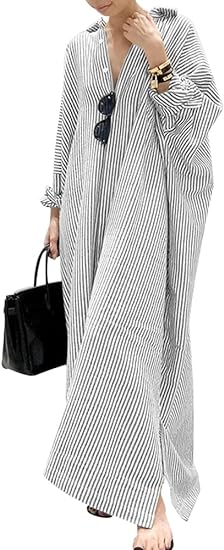 Women's Casual Long Sleeve Button Down Loose Striped Cotton Maxi Shirt Dress