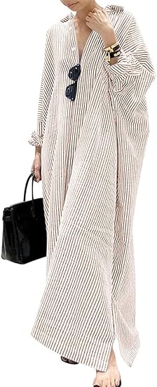 Women's Casual Long Sleeve Button Down Loose Striped Cotton Maxi Shirt Dress