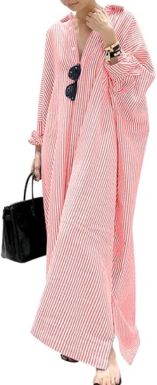 Women's Casual Long Sleeve Button Down Loose Striped Cotton Maxi Shirt Dress